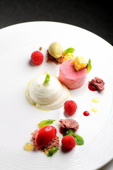 Fine dining dessert, Raspberry Parfait, ice cream