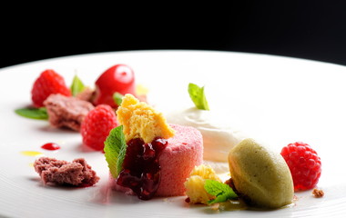 Fine dining dessert, Raspberry Parfait, ice cream