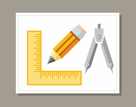 Drawing, ruler, pencil, colored flat illustration. 