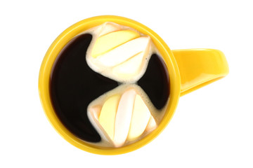 yellow cup of coffee with marshmallow isolated
