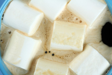 A cup of hot chocolate with marshmallows on the wooden background