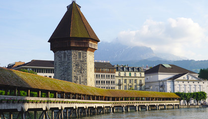 View of historical wooden Chapel Bridge in Lucerne