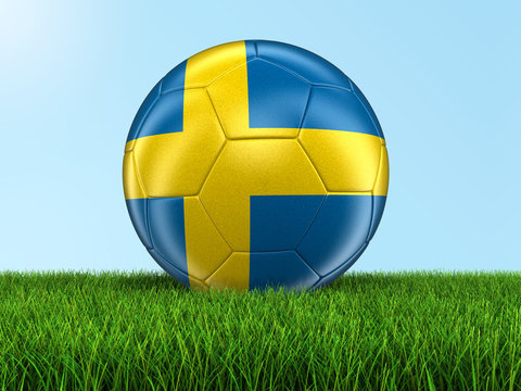 Soccer football with Swedish flag on grass.