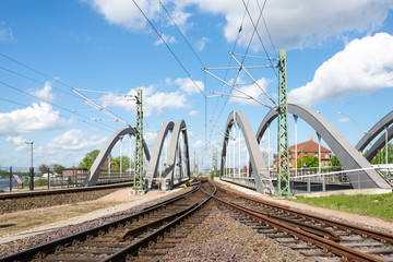 Railway bridge in the port of Hamburg. The port railway, called Hamburger Hafenbahn, has a large network of tracks in the port and around the city.