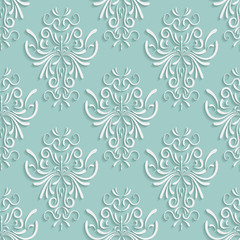 Fototapeta na wymiar Green Seamless Background with 3d Floral Pattern
