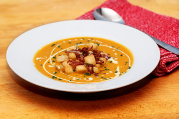 Pumpkin soup and crouton bacon and chive
