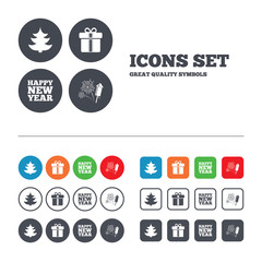 Happy new year sign. Christmas tree and gift box