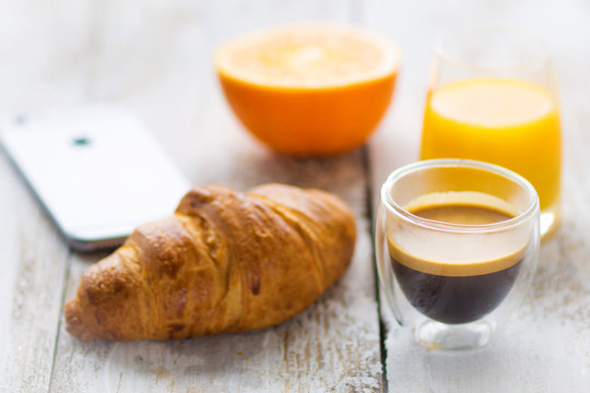 Breakfast, coffee and croissant