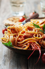 Italian spaghetti with shrimps and tomato