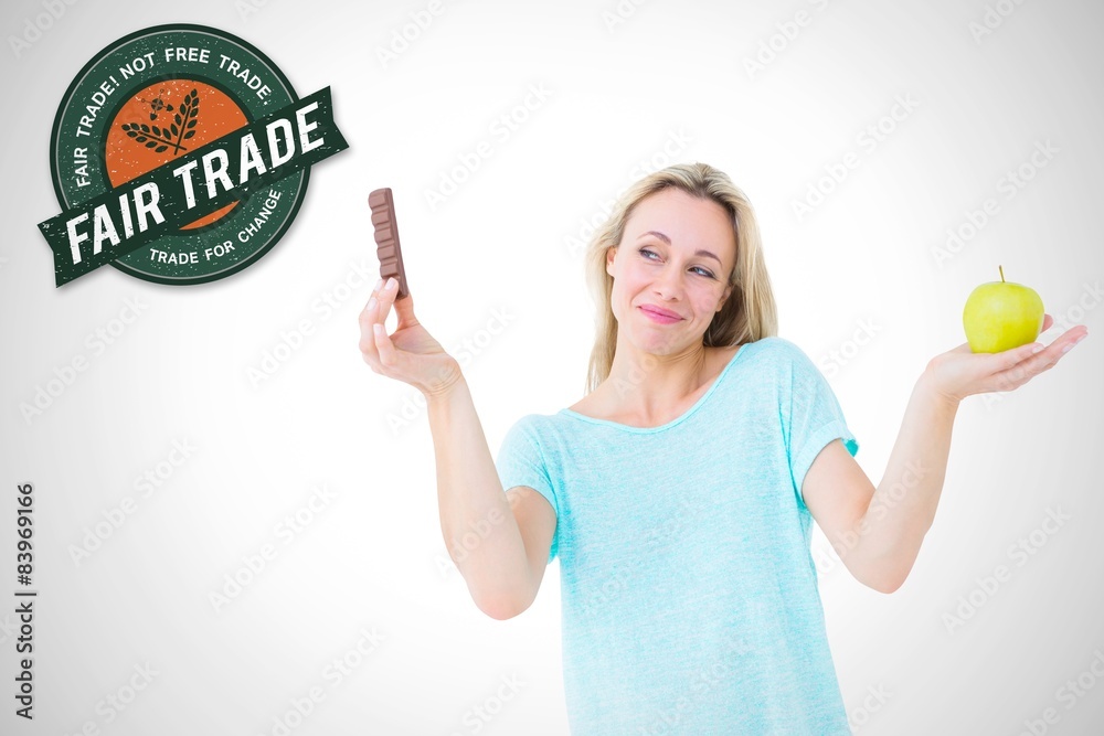 Poster composite image of smiling blonde with chocolate and apple