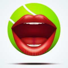 Tennis ball with a talking female mouth.