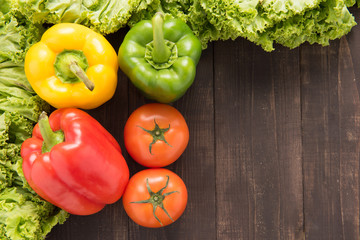 Vegetables on wooden backgorund, Organic food background.