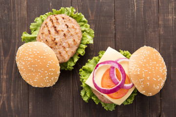 bbq hamburger on the wooden background