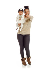 Model pointing to camera