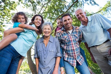 Extended family smiling in the park