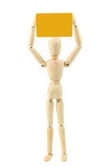 Wooden figure with yellow card isolated on white
