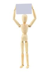 Wooden figure with card isolated on white