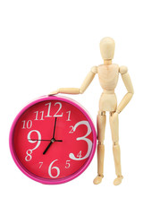 Wooden figure with red watch isolated on white