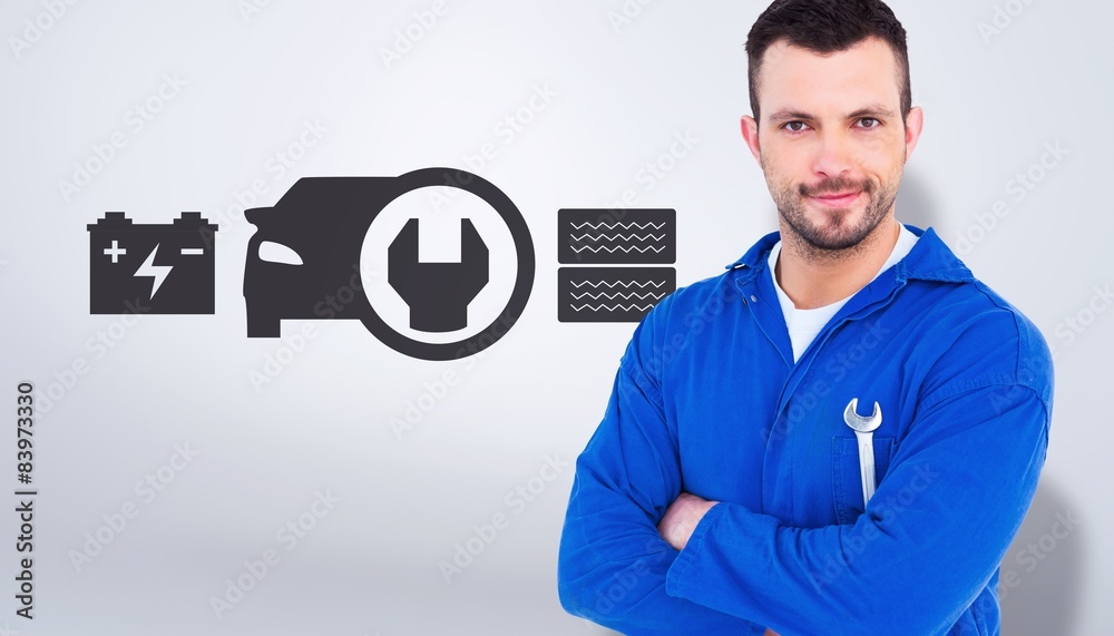 Poster composite image of happy mechanic holding spanner