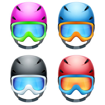 Set of Classic Ski helmets and snowboard goggles. 