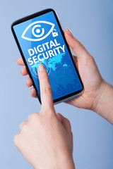 Man presses a touch screen smart phone with the symbol of digita