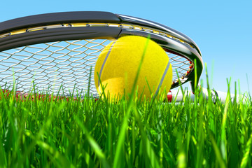 Tennis Racket Grass Side Close Up - 83974379