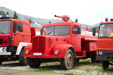 Fire engines in the parking lot