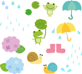 Fototapeta premium 梅雨、カエル、傘の素材
