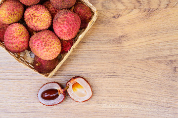 Fresh lychee on a wooden background