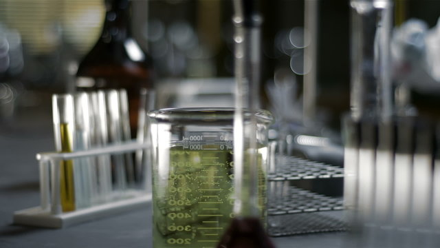 Close up shot of chemistry equipment set up on a laboratory table