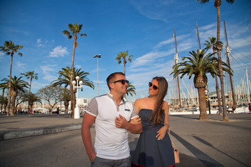 Travel couple happy in Barcelona