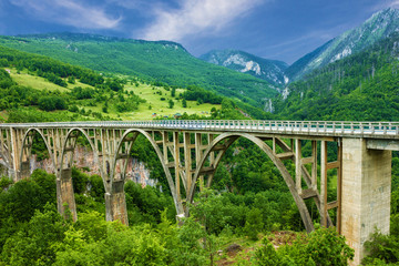 Fototapeta na wymiar Mountain landscape, Montenegro. Durdevica Tara arc bridge 