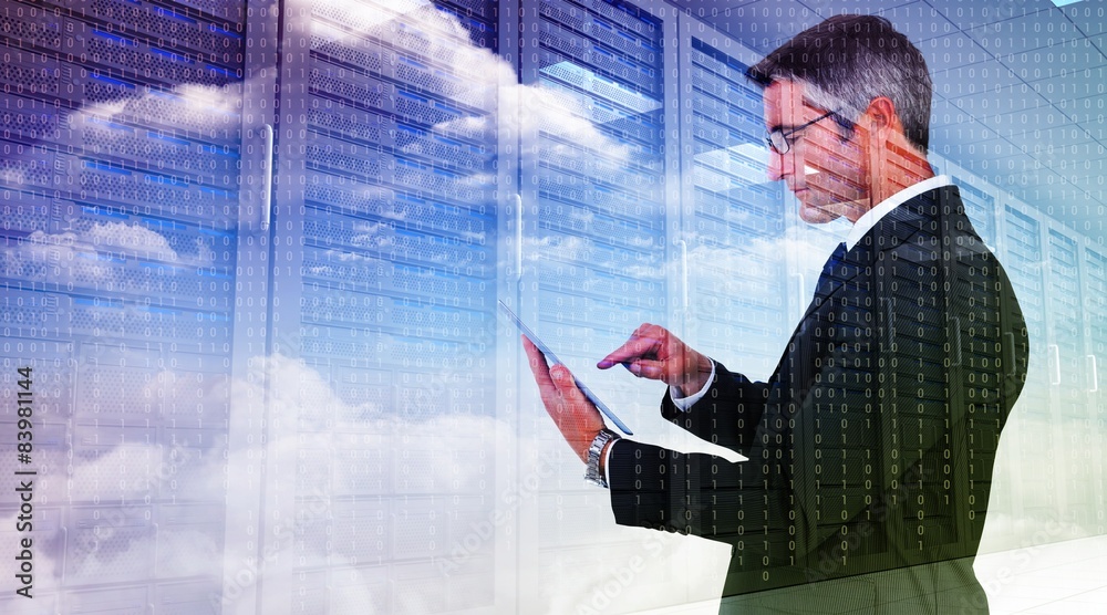 Poster composite image of mid section of a businessman touching tablet