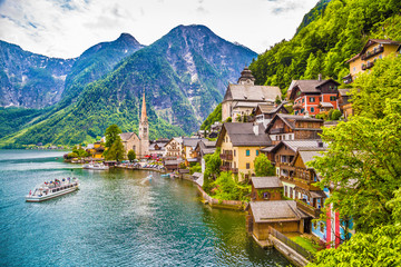 Historic town of Hallstatt in the Alps, Salzkammergut, Austria