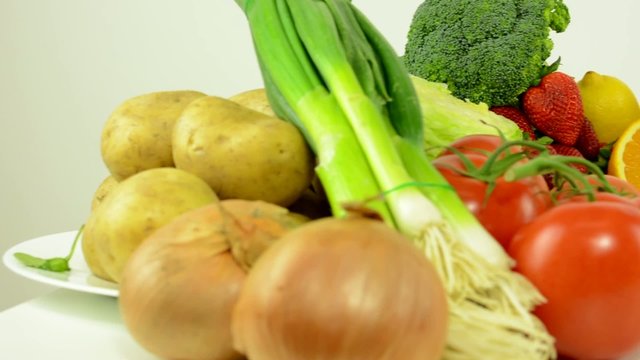 healthy food - vegetables and fruits - white background studio - closeup