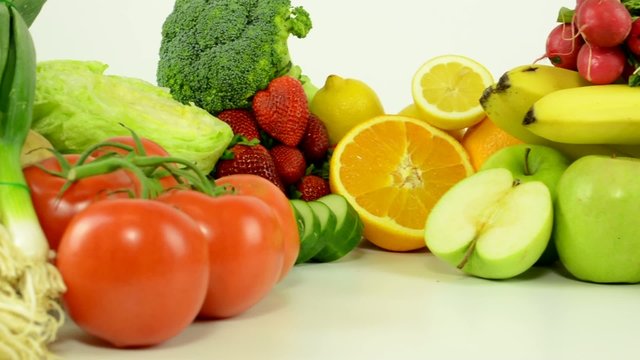 healthy food - vegetables and fruits - white background studio - closeup