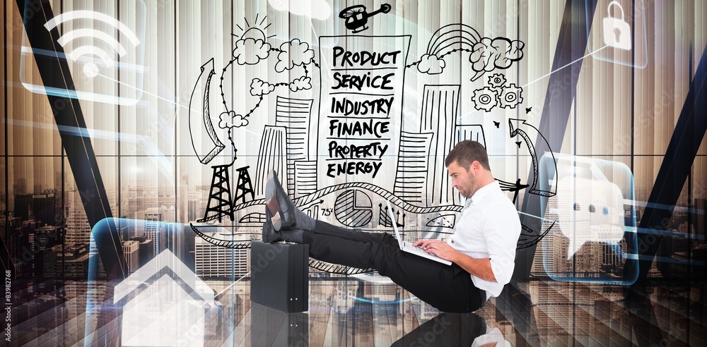 Poster composite image of businessman with feet up on briefcase