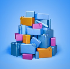 pile of gift boxes isolated on blue