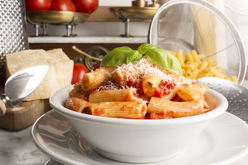 dish with macaroni on the kitchen table