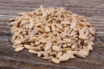 Heap of sunflower seeds on wooden background