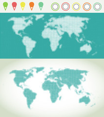 World map vector with pointers, modern halftone dotted map