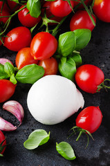 Concept of italian food with mozzarella, tomato and basil