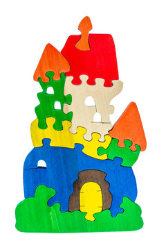 Wooden colorful castle puzzle toy made of colour blocks 