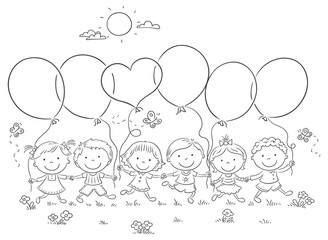 Kids with Balloons Outline