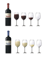 Bottles of red and white wine with glasses isolated
