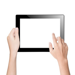 closeup hand using tablet isolated white clipping path inside