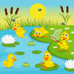 ducklings playing in lake - vector illustration, eps