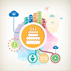 Naklejka premium Birthday cake and city mark on abstract colorful watercolor back