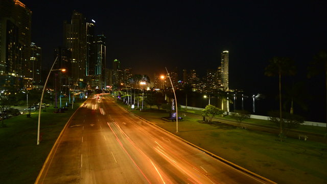 Panama cityscape time lapse at night, Panama, Central America