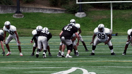 A Quarterback launches a deep pass to a receiver who drops it under pressure 